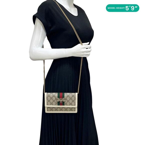 Gucci Web Queen Margaret Mini GG Supreme Canvas Chain Wallet Beige - Picture 2 of 12